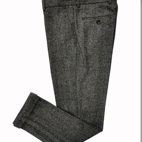 Men Trousers Tweed Long Pants Wool Woolen Grey Male Gentleman Herringbone Business Suit Pant for Wedding Groommen Clothing