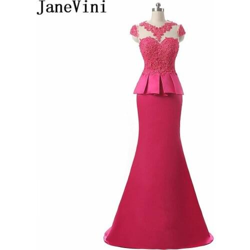 JaneVini Elegant Hot Pink Beaded Evening Wear Illusion Neck Lace Satin Mermaid Long Mother of the Bride Dresses with Peplum 2019