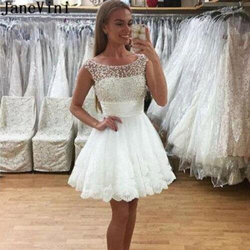 JaneVini White Pearls Cocktail Dress Short Formal Dresses Tulle Lace Girl Women Above Knee Mini Homecoming Party Gowns Robe 2020