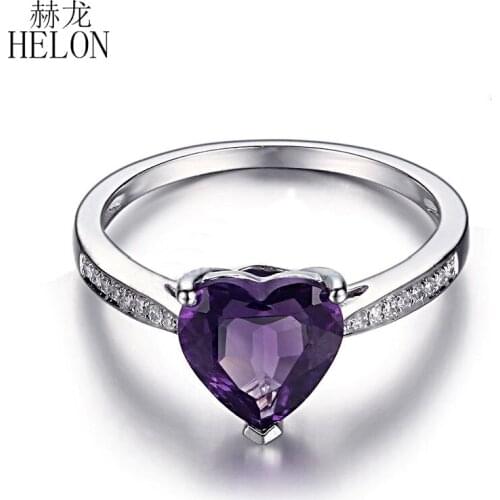 HELON Solid 10K White Gold Flawless Heart Cut 8mm Genuine Amethyst Diamond Engagement Wedding Ring Women Trendy Fine Jewelry