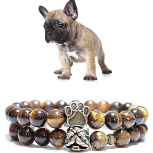 2021 Trendy 2pcs/set Mens Bracelet Stone Cute French Bulldog Braslet For Hombre Natural Lava Tiger eye Braclet Beaded Pulseras