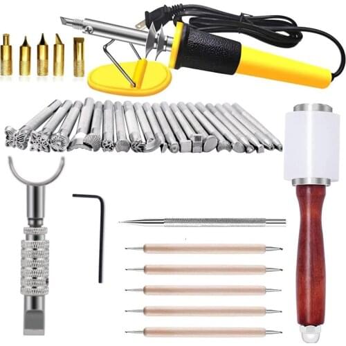 KAOBUY 29PCS Leather Carving Set - Leather Stamp Tools With Leather Burning Tool, Stamp Punch Set And Adjustable Swivel Knife