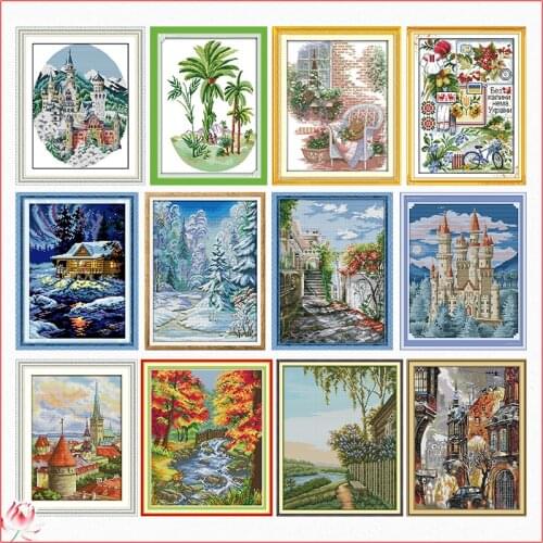 Joy Sunday Hanging Corridor Scenery Cross Stitch Kits Ecological Cotton Stampted Printed 11 14CT DIY Easy to Use Home Decoration