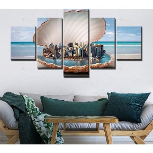Wall Art Canvas Prints Building Painting Home Shell Decor Sea View Pictures Modular Framework Hallway Room Sky Poster 5 Panel
