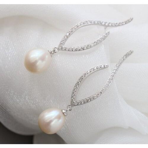 Authentic 925 Sterling Silver Inlaid Rhinestone Natural Freshwater Pearl Earrings Fashion Women Wedding Party Fine Jewelry Gift