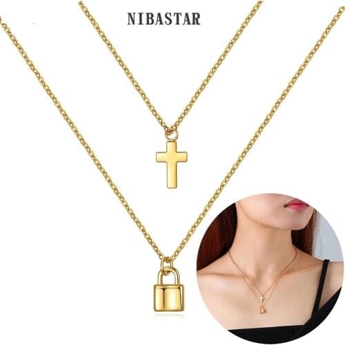 NIBASTAR Double Chain Cross Lock Pendants Necklaces For Women Unique Stainless Steel Charm Choker For Girls Pendant Jewelry