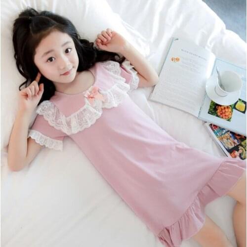 Girls Pajamas Dress Summer New Teenage Girl Pink Bow Lace Cotton Pajamas Dresses Girl Home Sleepwear Dress Kids Sleep Clothing