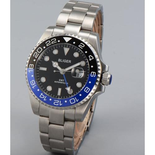Bliger 40mm luxury Mechanical watch black dial saphire glass Ceramic Bezel GMT Automatic mens watches