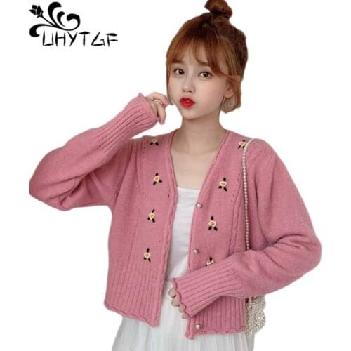 UHYTGF Pink Sweaters Female Cute Girl Knitted Autumn Coat Cardigan For Women Long Sleeve V-Neck Casual Short Tops Jacket 1296