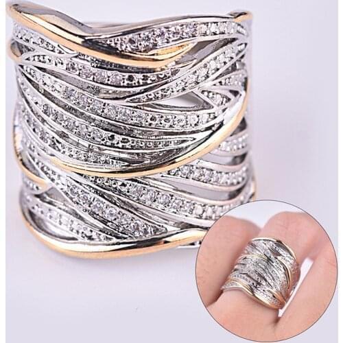 Female Engagement Ring Fashion Gold Silver Color Multi Layer Winding Rings Jewelry Gift Luxury Full Crystal Hollow Twisted Ring