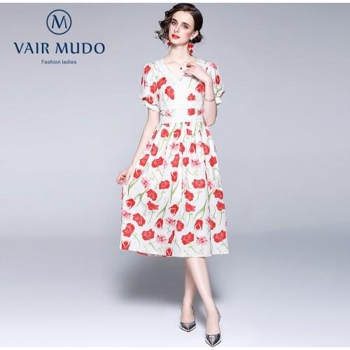 Retro Women Dress Sweet Waist Was ThinTemperament Rose Print Puff Sleeve Short-Sleeved Dress Female V-Neck Pullover Y-231