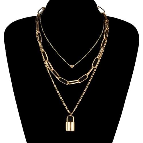 Vintage Love Heart Lock Pendant Necklace Women Fashion Personality Multilayer Clavicle Chain Necklaces Collares Jewelry