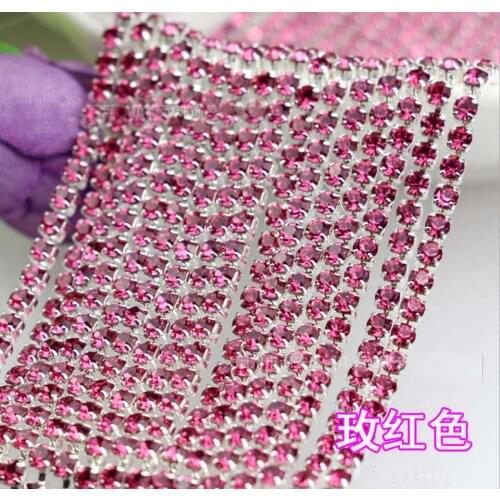 10 Meters Color Hot Pink Diamond Crystals Rhinestones Silver Plated Setting Chain Trim SS12 3mm
