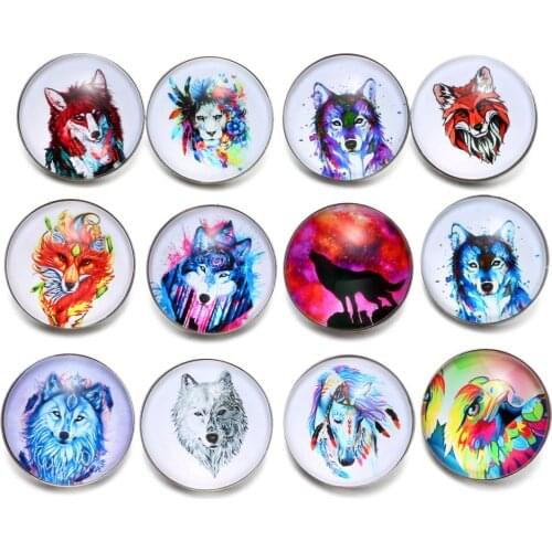 12pcs/Lot Wolf Pattern Glass Charm 18mm Snap Button Jewelry For 18mm Snaps Bracelet Snap Jewelry KZ0526