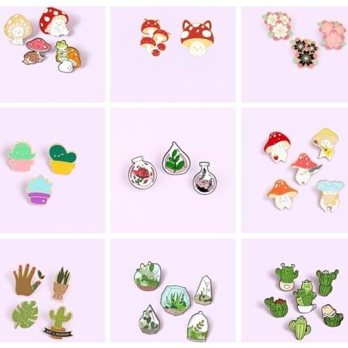 2-6PCS/Set Plant Brooches for Women Men Cactus Mushroom Flower Enamel Pins Bag Lapel Pin Cute Metal Badge Jewelry Gift Wholesale