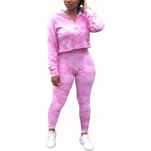 2Pcs Women Sports Tie Dyeing Clothing Long Sleeve V-neck Print Crop Tops High Waist Biker Pants Workout Clothes Tracksuit 2020