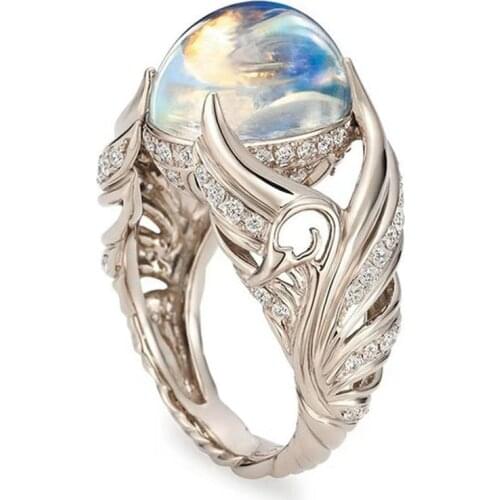 2020 Newest Fashion Gorgeous Angel Wings Wedding Band Ring Imitation Moonstone Jewelry Rings Gift For Women Size 6-10 Wholesale