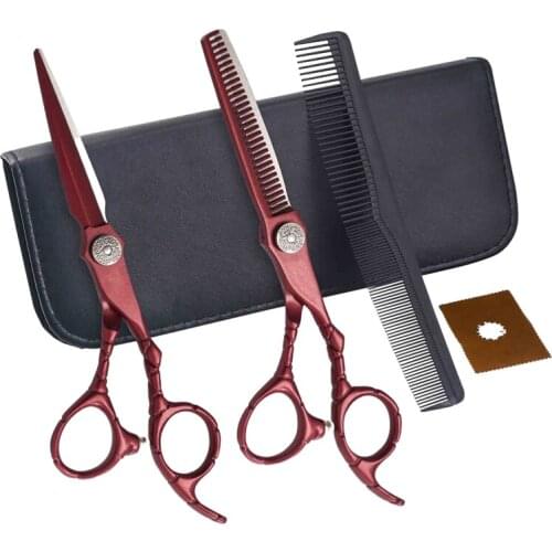 6 Inch Red Wholesale Japanese Stainless Steel Salon Haircut Cutting Shears Barber Hair Scissors Barber Set
