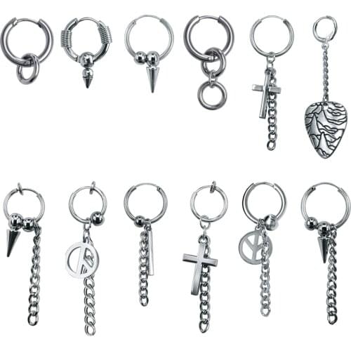 AOEDEJ KPOP Korean Boys Stainless Steel Hoop Earrings Ball Long Chain Men Women Rock Rap Grunge Hipster Punk Unisex Ear Rounds