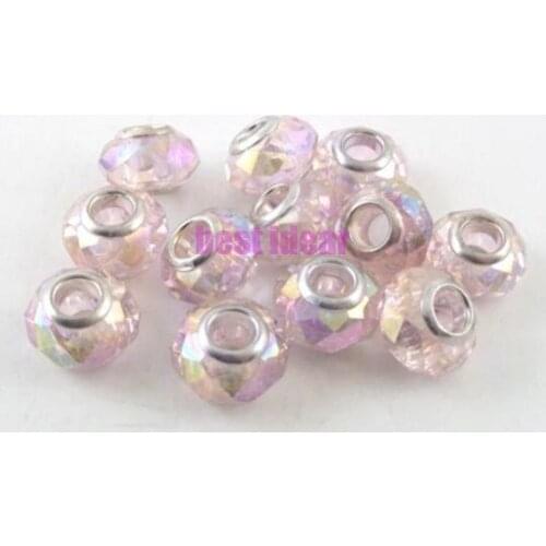 Free Shipping 50pcs Pink AB Cut &Faceted Glass Beads Big Hole Fit European Charms Bracelet 14x8mm