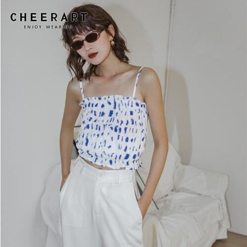 CHEERART Bustier Crop Top Women Ribbed Cami Top Summer White Tube Top Casual Trendy Ruched Spaghetti Strap Top Clothing