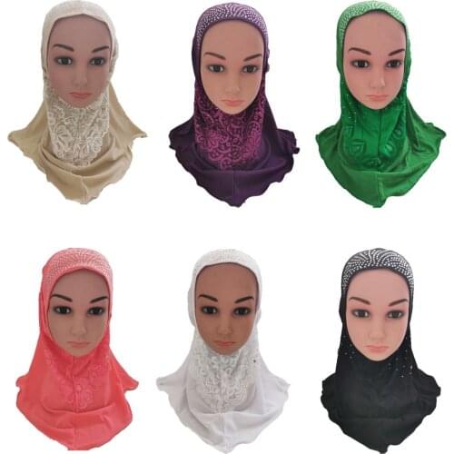 Kids Girls Amira Hijab Scarf Headwear Muslim Paryer Shawl Stole Rhinestone Arab Islamic Headscarf Turban Middle East Head Wrap