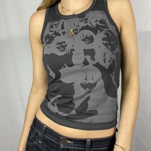 E-girl Vintage Y2K Aesthetic Tank Top Hip Hop Face Graphic Print Sleevless Slim Fit Women Gothic Crop Vest Sweats Tee Streetwear