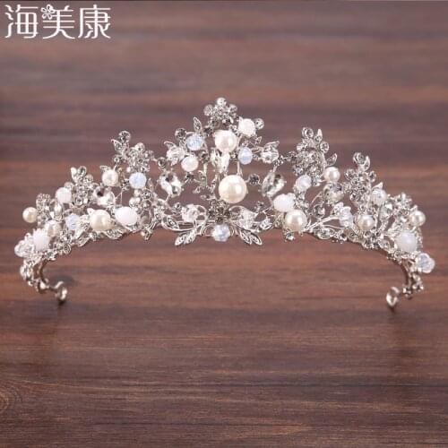 Haimeikang Pearl Silver Leaf Head Crown Hollow Branch Leaf Wedding Crystal Tiara Bridal Princess Crown