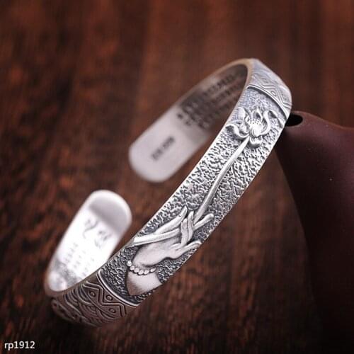 KJJEAXCMY Boutique jewelry Thai Silver Hand Ornaments Foot Silver 999 Ms. Guanyin Lotus Buddhist Heart Sutra Bracelet