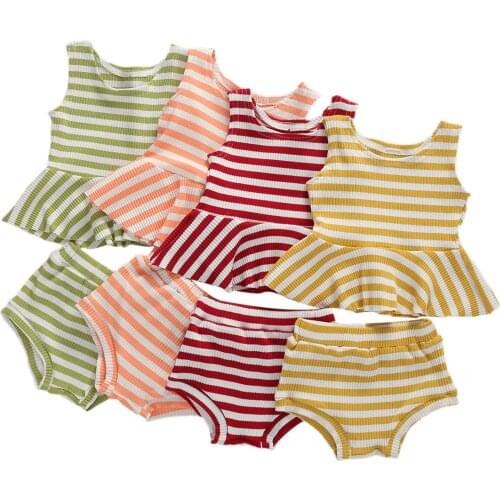 Citgeett Summer Baby Girls Outfit Set 4 Colors 0-24M Infant Sleeveless Striped Ruffle Loose Top Shirt Triangle Shaped Shorts