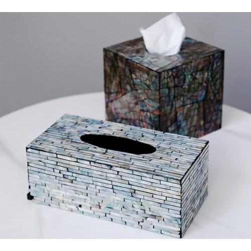 Creative Art Shell Decoration Tissue Box Luxury Wooden Rectangular Pumping Box Home Restaurant Square Color Shell Napkin Storage