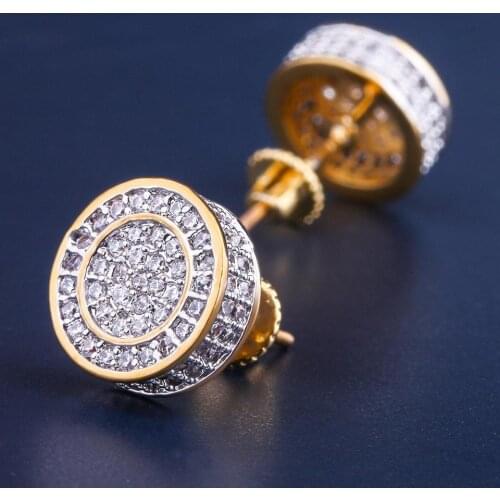 Gold Iced out Round Shape Stud Earring for Men boys with Hip Hop style Fashion Jewelry and Punk Streetwear With CZ Cubic