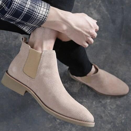 Men Chelsea Boots Slip On Suede High Top Classic Men Boots Genuine Leather Chukka Ankle Boots Fashion Cowboy Male Boots erf56