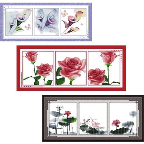 Joy Sunday Flowers Triptych Stamped Embroidery Needlework Set Print 11CT 14CT Counted Pattern Crafts Home Decor Cross Stitch Kit