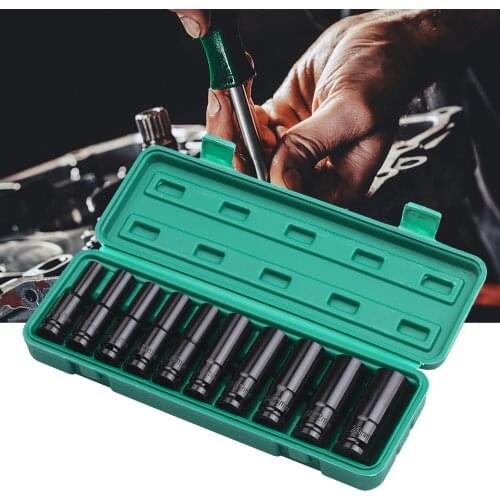 1/2Inch Drive Hex Impact Socket Set 10-Piece Deep Socket Metric Sizes 10-24mm Carbon Steel with Hard Storage Box