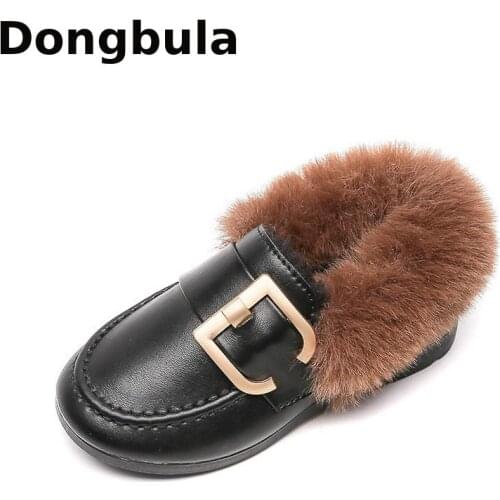 New Brand Autumn Winter Girls Shoes Warm Cotton Plush Leather Fluffy Fur Casual Kids Loafers School Girls Flats Children Loafers