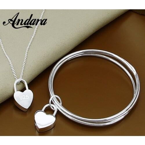 New Trendy 925 Sterling Silver Jewelry Set Heart Lock Pendant Necklace & Bangle Jewelry Sets Woman Jewelry