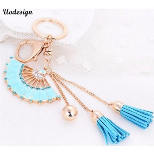 New Gold Leather Tassel Keychain For Women Crystal Keyring Bag Charm For Keys porte Fan Shape Key Chain