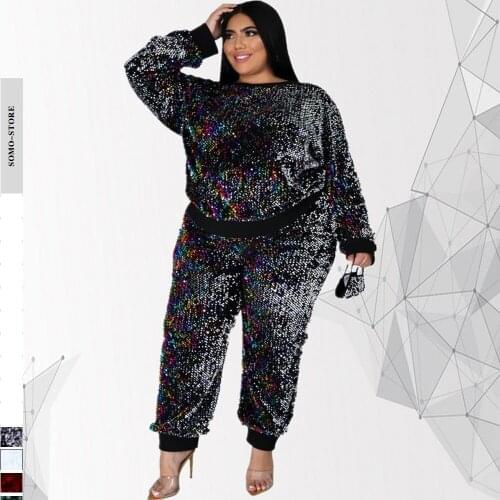 Plus Size Women Clothing Two Piece Set Long Sleeve Crew Neck Tops and Pants Sets Sequins Winter Tracksuit Wholesale Dropshipping
