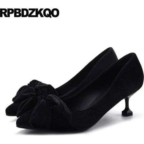 Luxury shoes women designers size 33 velvet black big bow pointed toe footwear 2019 medium heels thin cute 10 42 suede 11 43