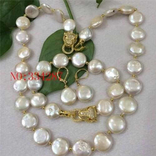 NEW HUGE NATURAL 12-13MM freshwater pearl button shape white pearl necklace Earrings bracelet set leopard clasp
