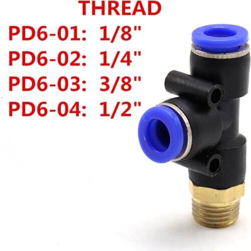 Air Compressor Coupler 3 Way 6mm OD Hose Tube 1/8" 1/4" 3/8" 1/2" BSP Male Thread T Shaped Tee Pneumatics Connector Fitting