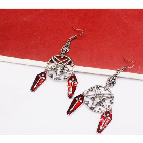 Unisex Jewelry Dark Gothic Punk Ancient Silver Color Pentagram Horn Skull Coffin Cross Dangle Earrings Wholesale