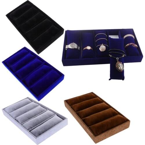 Jewelry Tray with 5 Grids Pillows Bracelet Watch Display Holder Deep Blue