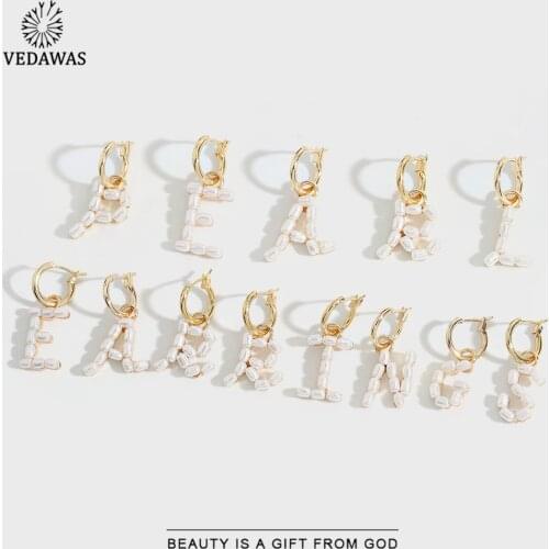 Vedawas 26 Initial Letters Ins Style Drop Earrings For Women Elegant White Pearl Statement Earring 2020 Trendy Jewelry Wholesale