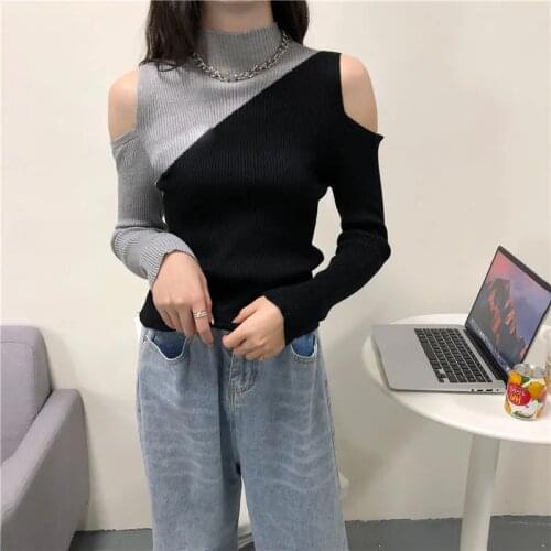 Womens sweater autumn / winter 2020 off shoulder seam color contrast slim fit long sleeve top album para titan clothing