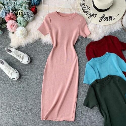 Womens Sexy Dress Short Sleeve Summer Mini Dress O-Neck Knitted Stretch Solid Color Retro High Waist Bag Hip Skirt