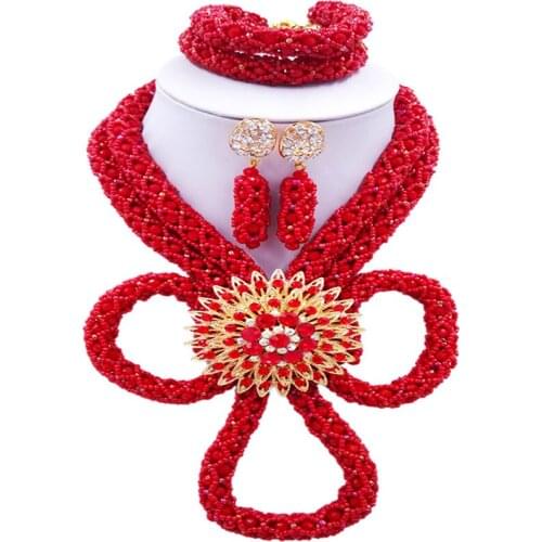 ACZUV Opaque Red African Jewelry Set Nigerian Beaded Necklace Bridal Party Jewelry Sets BZHX-004
