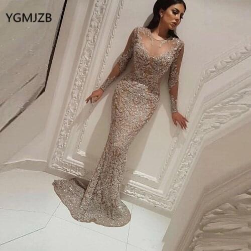 Sparkle Glitter Sequin Evening Dresses Long Sleeves 2020 Mermaid Arabic Dubai Woman Formal Dress Party Prom Gown Robe De Soiree