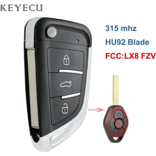 Keyecu Upgrade EMS Flip Remote Key Fob 315MHZ / 433MHz ID44 for BMW 3 5 6 7 8 Series, HU92 Blade, LX8FZV
